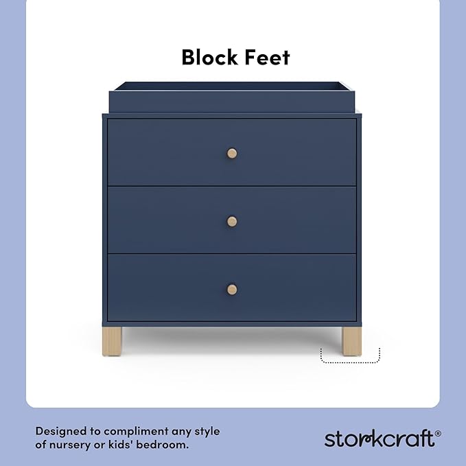 Storkcraft California 3-Drawer Chest with Removable Changing Topper (Midnight Blue with Driftwood) – GREENGUARD Gold Certified, Interlocking Drawer System, Pre-Installed Tracks, Easy Assembly