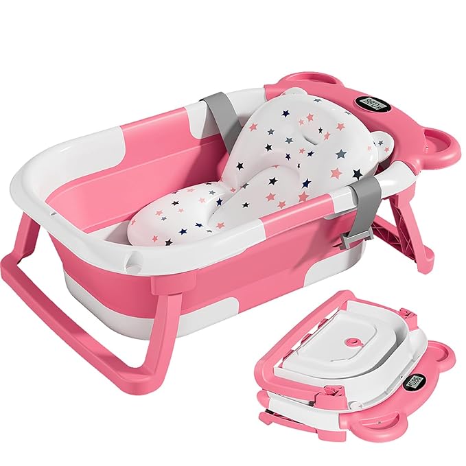TPN Collapsible Baby Bathtub, Baby Bath Tub with Soft Cushion & Real-Time Thermometer, Baby Bathtub Infant to Toddler Tub (0-36 Months), Portable Newborn Travel Bath tub