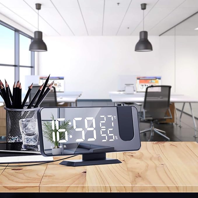 Projection Alarm Clock for Bedrooms Ceiling, Digital Clock Radio with USB Charger Port, Temperature & Humidity Display, 7.3” Large LED Display,12/24H,Snooze,Dual Loud Clock- 4 Dimmer