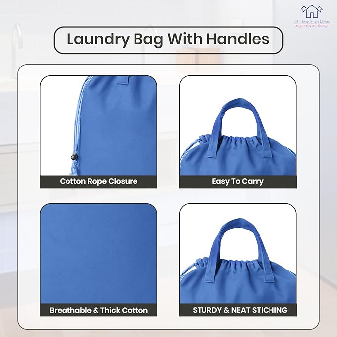 LFH Home Cotton Canvas Large Laundry Bag with Handle, Heavy Duty Drawstring Closure Washable Laundry Bags, School Travel, Home, Hotel, College Dorm, Organizer Sack, Toys Clothes 28x40-Sky Blue
