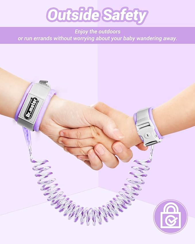 Dr.meter Anti Lost Wrist Link, 2 Pack Toddler Safety Leash with Key Lock, Reflective Child Walking Harness - Dual 8.2ft Length Pink & Purple Kids Leash for Outdoor, Kids Travel Essencials