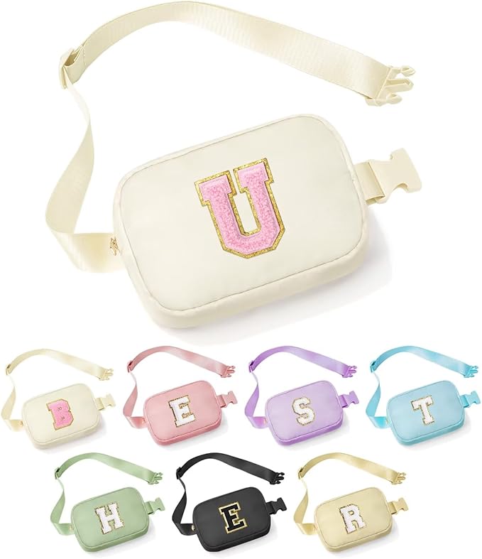 YOOLIFE Initial Belt Bag - Crossbody Bags Women - Fanny Packs for Women Cross Body Bag White Fashion Waist Packs Travel Everywhere Belt Bag Monogram Crossbody Bag U