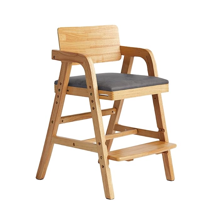 Solid Wood High Chair for Toddlers to Teens, Adjustable Height Toddler Dining Chair, Easy to Clean Toddler Highchair with Removable PU Cushion for Dining, Studying, Step Tool, Natural