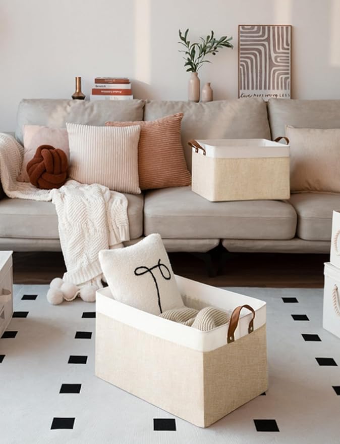 StorageWorks Storage Bins, Fabric Storage Bins for Shelves, Large Storage Baskets with Metal Frame, Closet Baskets and Bins with Handles, Brown and White, 2-Pack