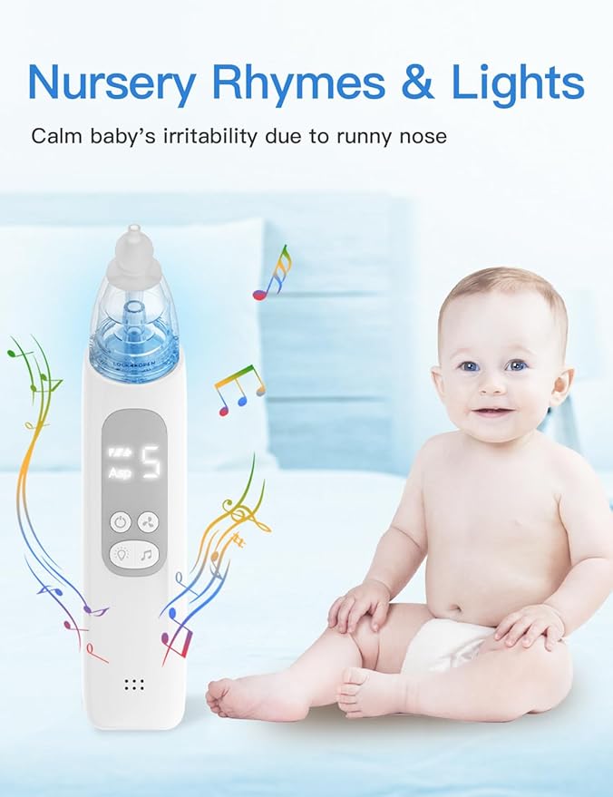 Baby Nasal Aspirator, Electric Nose Sucker with 5 Levels Suction, Soothing Light & Nursery Rhymes (White)
