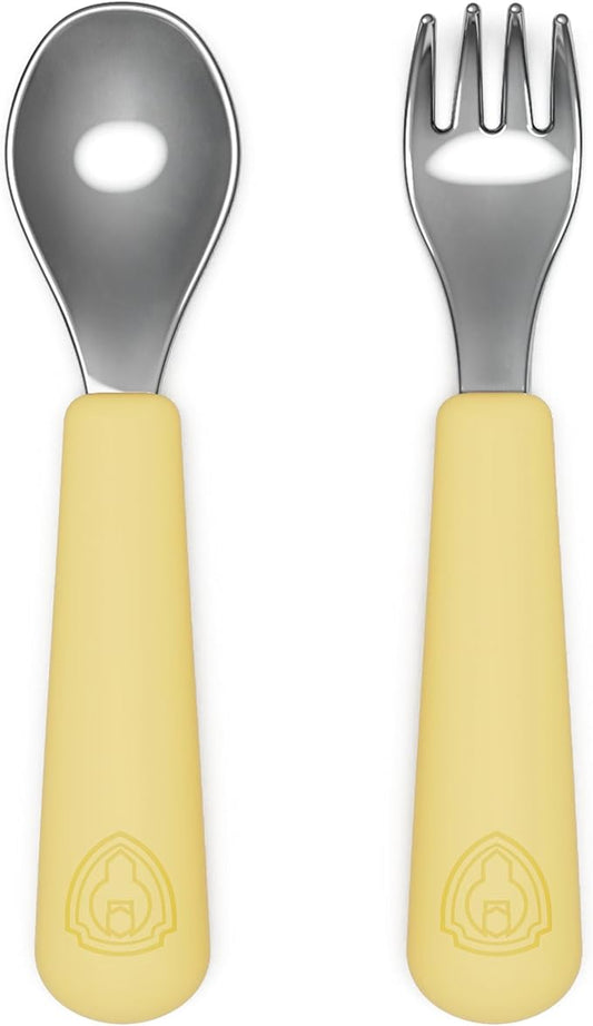 Lalo PAW Patrol Utensils - Toddler Fork and Spoon Set - Stainless Steel and Silicone Ergonomic Toddler Utensils - Children Safe Flatware Set - 2 Pieces - Rubble