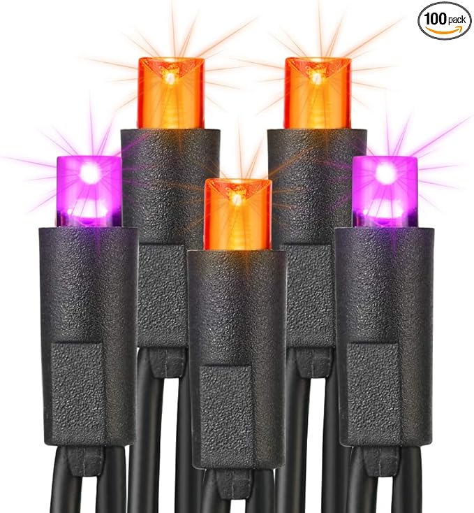 Brizled Orange & Purple Halloween Lights, 33ft 100 LED Halloween Lights 5mm Wide Angle String Light, 120V UL Certified Connectable Mini Purple Light Outdoor for Party Home Tree Decoration, Black Wire