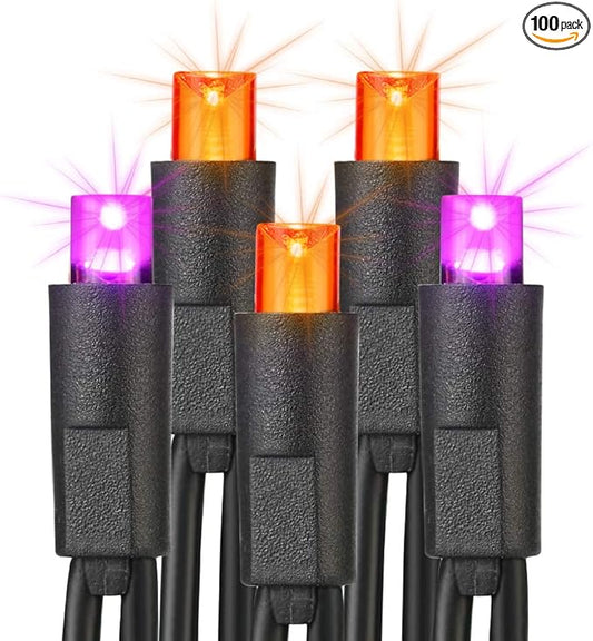 Brizled Orange & Purple Halloween Lights, 33ft 100 LED Halloween Lights 5mm Wide Angle String Light, 120V UL Certified Connectable Mini Purple Light Outdoor for Party Home Tree Decoration, Black Wire