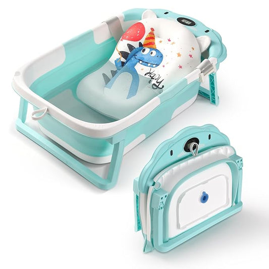 Baby Bathtub,Collapsible Baby Bath Tub with Thermometer & Soft Floating Cushion,Portable Travel Baby Bathtubs for Newborns to Toddlers 0-36 Months(Bear Green)