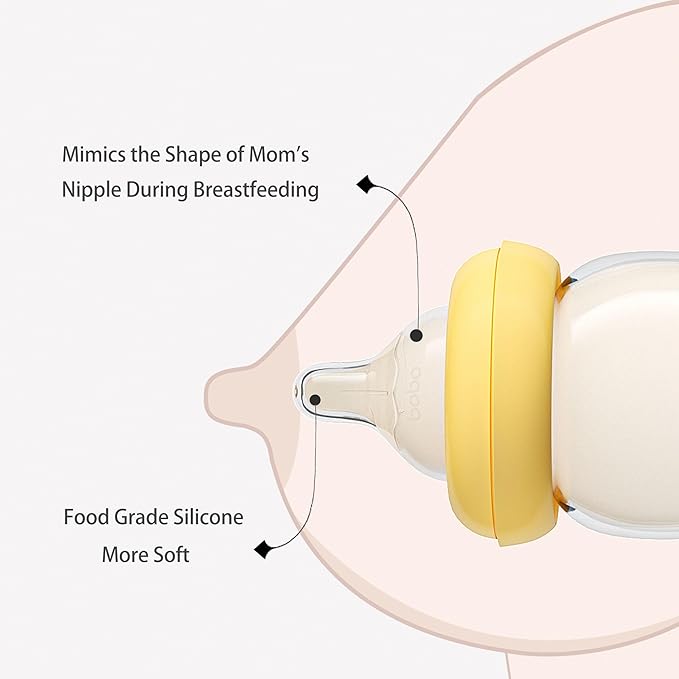 YOHKOH Natural Glass Baby Bottle with Natural Response Nipple, Newborn Anti-Colic Baby Bottles, Wide Neck Mushroom Cap Baby Bottle, Clear (8.8ounce (Pack of 4), Yellow1)