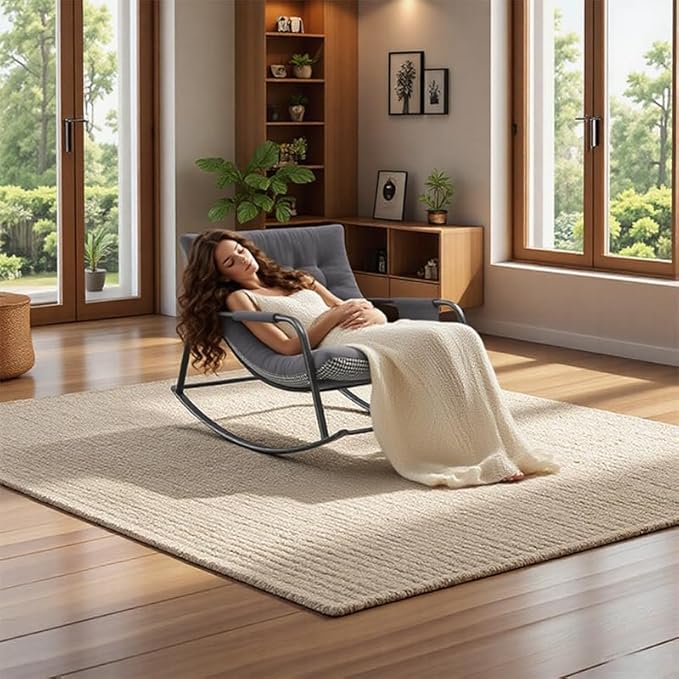 Oversized Rocking Chair with Cushion, Indoor Outdoor Lounge Patio Recliner Rocker with Armrests, Supports 330 lbs, Comfortable Papasan Chair for Bedroom, Living Room, Porch, Garden -Grey