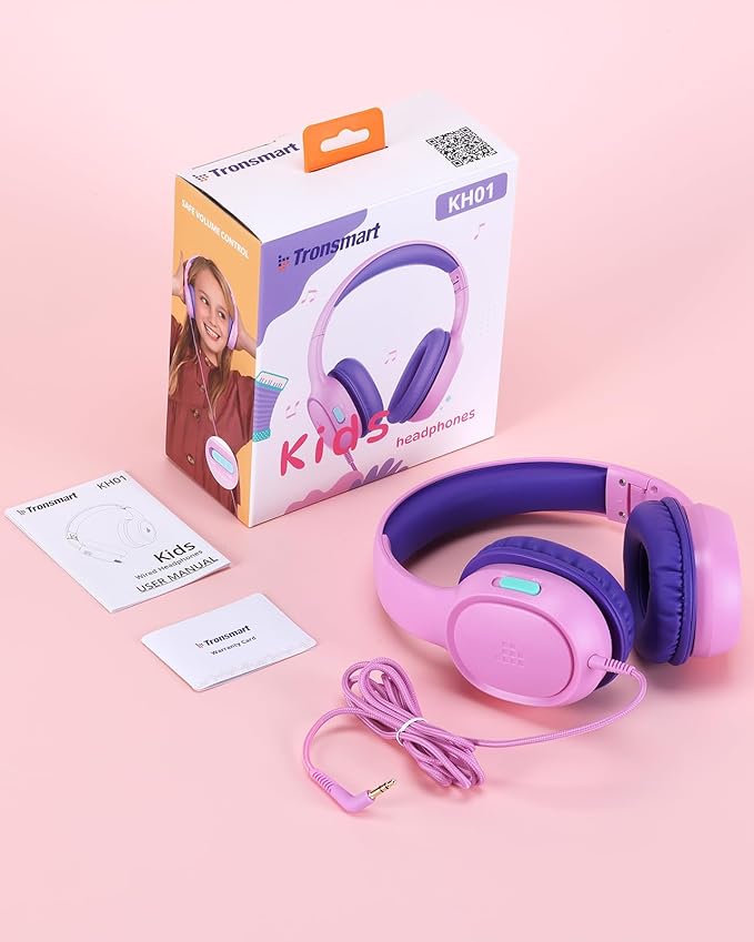 Tronsmart KH01 Kids Headphones - Foldable Over-Ear With Safety Volume 85/93dB, HD Stereo, 3.5mm Jack for Boys/Girls/School/Kindle/Travel/Tablets (Pink)