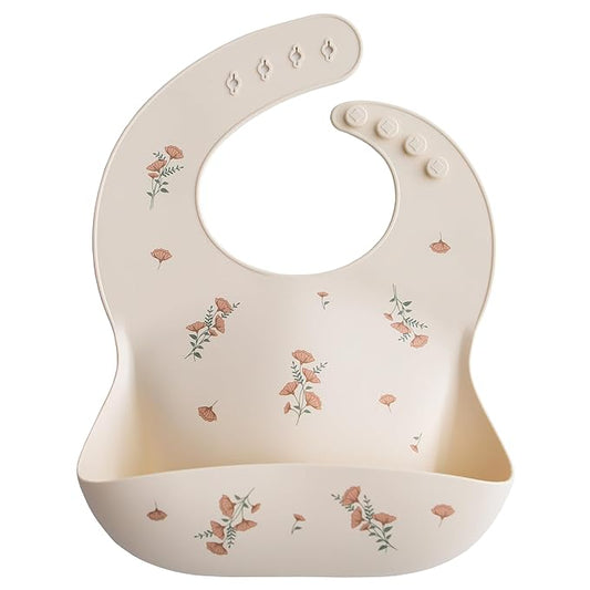 mushie Silicone Baby Bib | Adjustable Fit Waterproof Bibs (Pink Flowers)