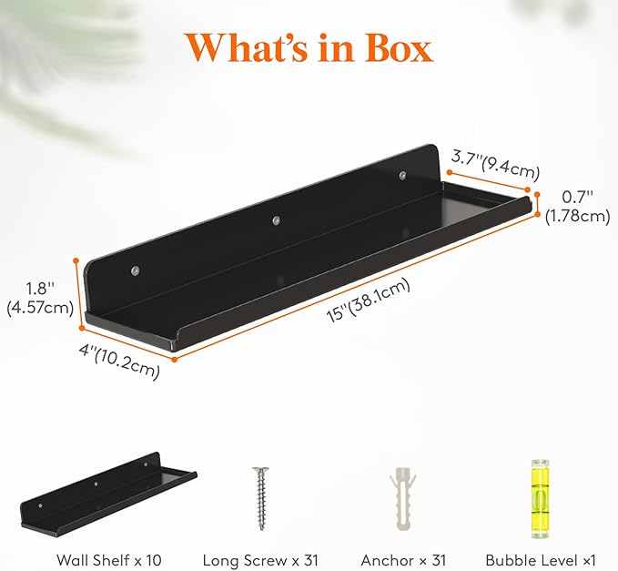 Lifewit Floating Shelves for Wall, 10 Pack Black Acrylic Shelf 15" Room Decor for Bookcase/Vinyl Record Display/Photo/Picture in Bedroom, Living Room, Bathroom, Kitchen Storage and Organization