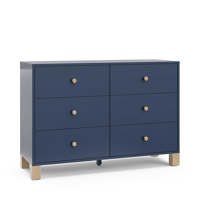 Storkcraft California 6 Drawer Double Dresser (Midnight Blue with Driftwood) – GREENGUARD Gold Certified, Spacious Storage Organizer for Kids’ Room, Safety Interlocking Drawer System