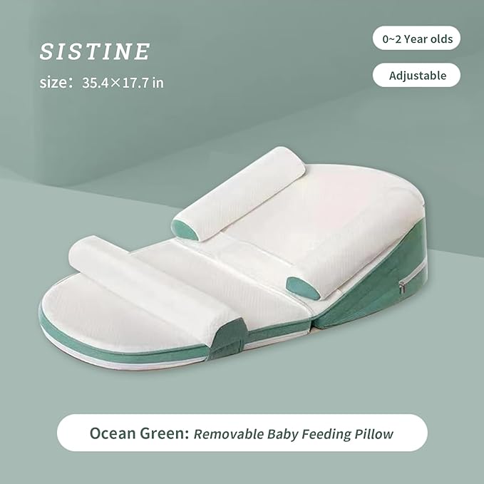 SISTIN Baby Anti Overflow Feeding Pillow, Baby Multifunctional Feeding Support Pillow, Travel Portable Feeding Pillow, Removable Adjustable,Green