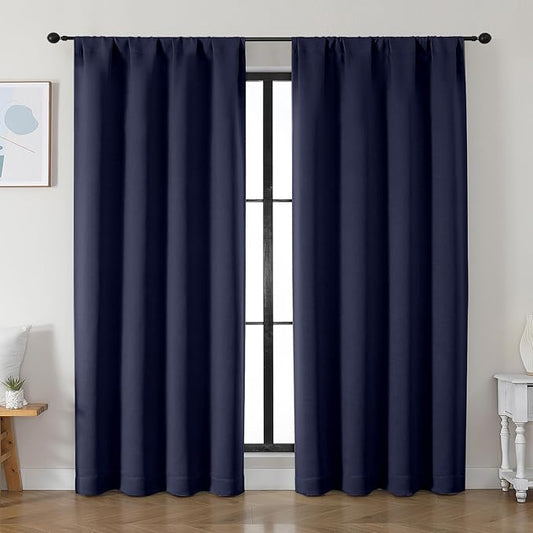 Simplebrand Ava Navy Blue Blackout Curtains for Bedroom 84 Inch Length 2 Panels Set, Solid Thermal Insulated Privacy Living Room Window Treatment Curtains Blackout Drapes, W50 x L84 Inch, Navy Blue