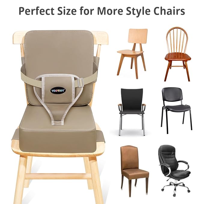 Toddler Booster Seat for Kitchen Chair, 2-in-1 Dining Table Booster Seat with Backrest & Adjustable Straps – Easy-Clean, PU Portable Toddler Eating Travel Increasing Cushion - Dark Coffee