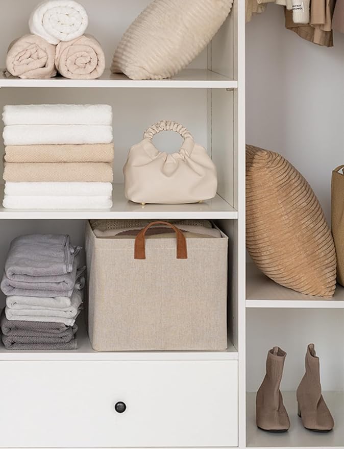 StorageWorks Storage Bins, Fabric Storage Bins for Shelves, Large Storage Baskets with Metal Frame, Closet Baskets and Bins with Handles, Brown and Beige, 2-Pack