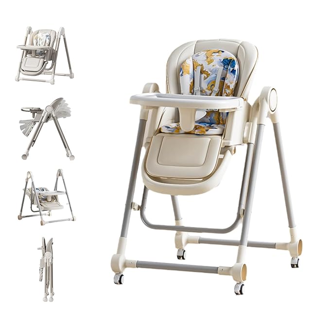 5 in 1 Baby High Chair Swings for Infants Foldable Rocking 8 Level Height Adjustment Eco Friendly Washable PU Cushion(White)
