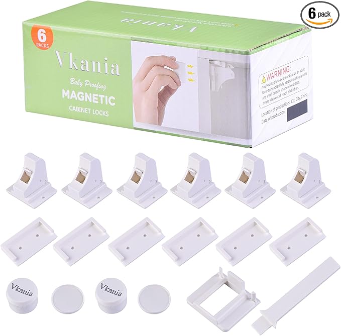 6 Pack Vkania Magnetic Cabinet Locks Baby Proofing - Baby Safety Latches for Drawers and Cabinets - Hidden Adhesive Magnet Baby Locks - Easy Installation No Drilling