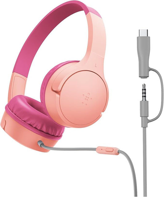 Belkin SoundForm Mini Kids Wired Headphones w/USB C to 3.5mm Dongle, Built-in Mic & Fun Stickers, 85dB Max Volume – for Online Learning, Travel, Compatible w/iPhone 16, iPad, Galaxy S25, etc - Pink