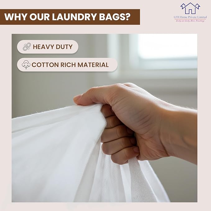 LFH Home Cotton Canvas Extra Large Laundry Bag with Handle, Stylish Drawstring Heavy Duty Laundry Bags For Travel, Home, Hotel, College Dorm and Camp Storage Bag 24x36 Inch, Machine Washable - White
