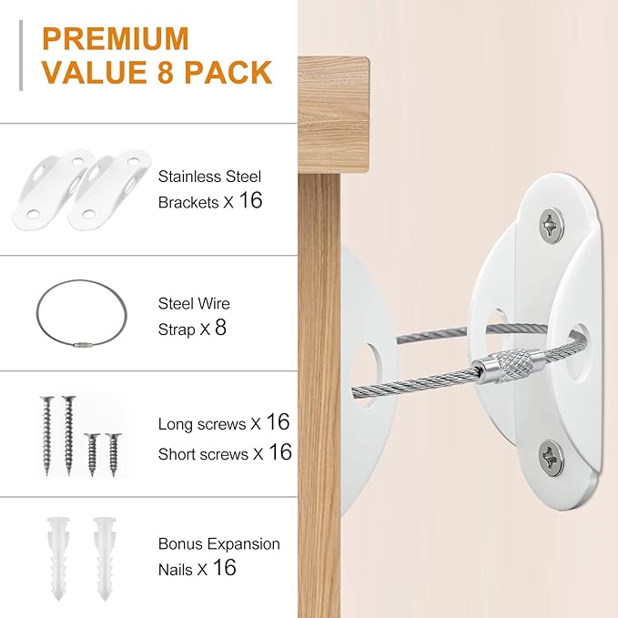 Furniture Anchors (8 Pack) for Baby Proofing, Anti Tip Furniture Anchor Securing 420lbs Tension Earthquake Resistant Metal Furniture Wall Anchor Prevent Baby Pet from Falling Furniture
