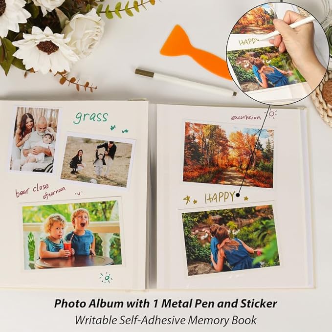 RECUTMS Photo Album Self Adhesive with Round Window 4x6 5x7 6x8 8x10 Magnetic Scrapbook with 40 Pages Leather Cover DIY Photo Album with Metallic Pen and Scraping Plate (Begie)