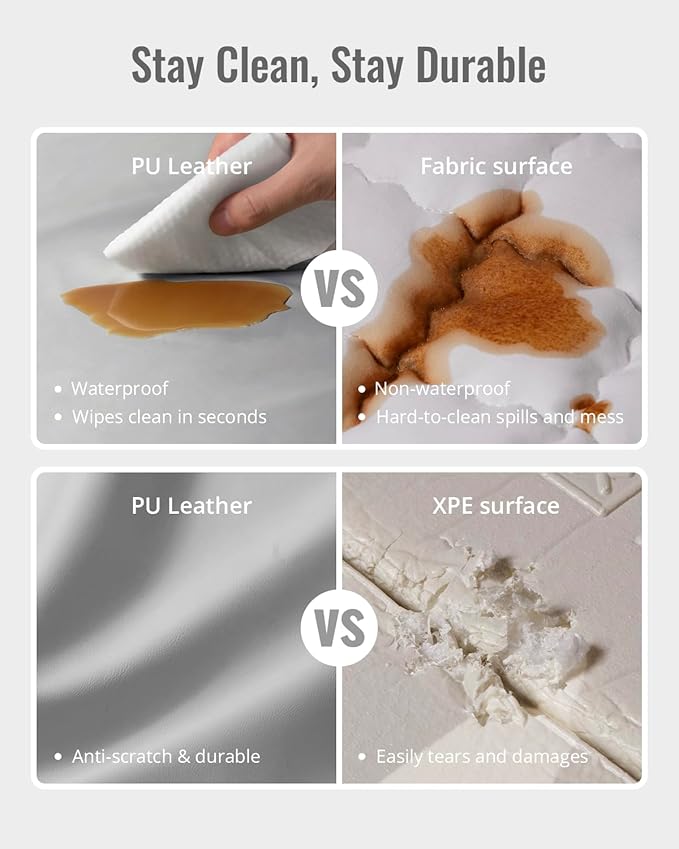 Blissful Diary Vegan Leather Baby Play Mat, 50x50 Thicken Foam Cushioned & Waterproof Playpen Mat for Infants and Toddlers, Stylish and Just Wipe-Clean Playmat for Baby Play on Floor, Light Gray