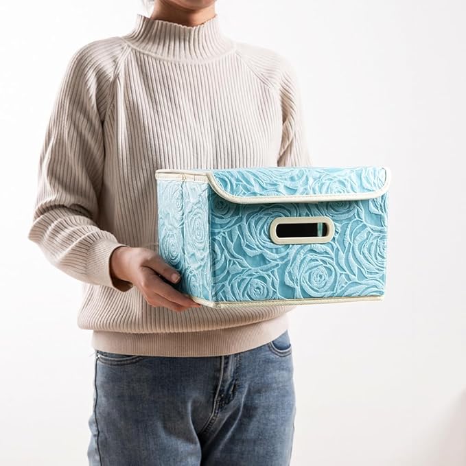 PRANDOM Collapsible Storage Boxes with Lids Fabric Decorative Storage Bins Cubes Organizer Containers Baskets with Cover Handles Divider for Bedroom Closet Living Room 9.8x7.9x6.7 Inch 3 Pack