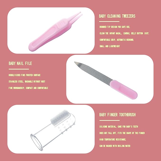 Baby Grooming Kit, Baby Essentials for Newborns, Portable Baby Care Kit, Contains Baby Nail Clippers, Baby Comb, Baby Brush, Baby Ear Wax Removal Tool and More (10 in 1) (Pink)