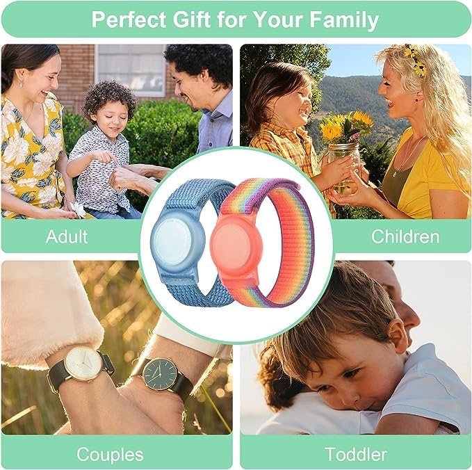 Kids Wristband Compatible with Apple AirTag, Protective Case for Air Tag GPS Tracker Holder with Nylon Bracelet, Adjustable Anti Lost Watch Band for Toddler Child Elder(RainbowB&Blue)