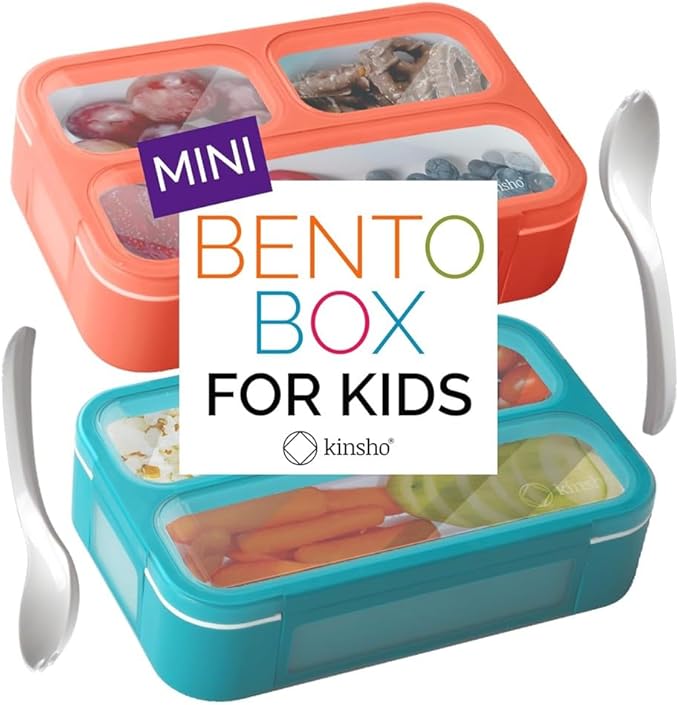 Snack Containers - MINI Bento Box, Small Lunch Boxes for Kids Toddlers Boys Girls, Leakproof 3 Compartment Containers for Meal or Snacks, Day-Care Pre-School Travel, BPA Free, 2 Pack Set Coral Blue