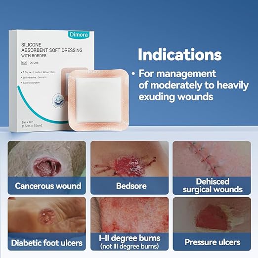 Dimora Silicone Super Absorbent Wound Dressings - Gentle Adhesive Bandages with Ultrasorb Polymer,Heavy Exudate Wound Care Pads 6"X 6" 10 Packs
