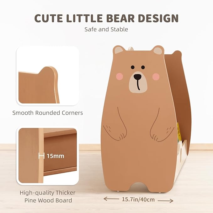 OOOK Montessori Bookshelf for Kids, Pine Wood Baby Bookshelf, Bear Toddler Book Shelf for Nursery, Playroom, Classroom