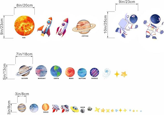 Outer Space Wall Stickers for Kids: Peel and Stick Astronaut Planets Rocket Wall Decals - Wall Art Decor Kids Supplies Ages 1 2 3 4 5 6 7 8 9 10 11 12 Year