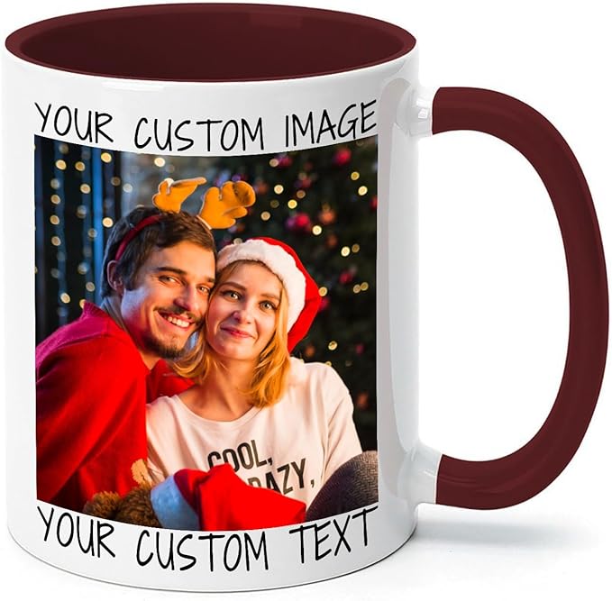Ship Next Day Custom Mug Design Your Own Photo Text Personalized Picture Gifts for Women Men Customized Gifts Idea Personalized Coffee Mugs 11oz Dark Red Handle