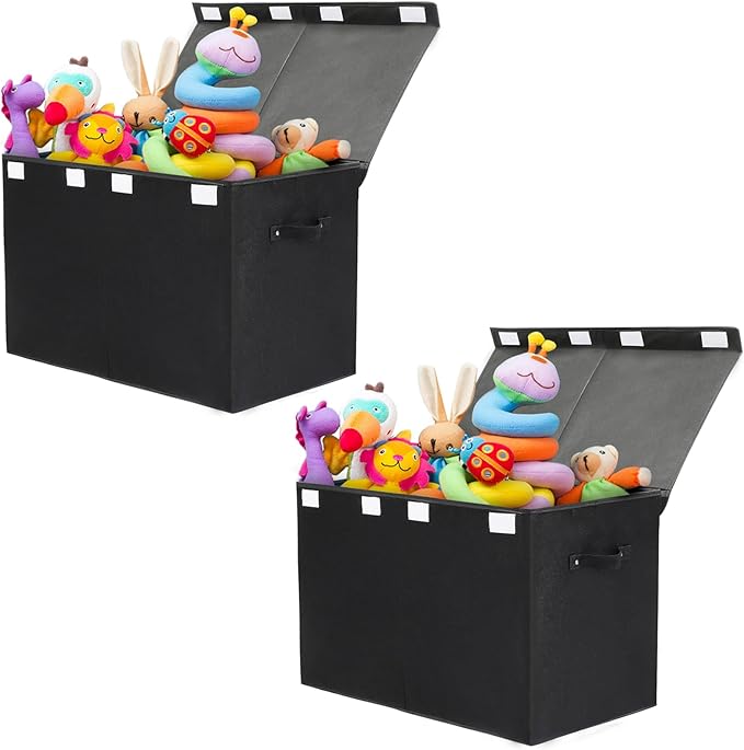 popoly 2 Pack Large Toy Box Chest Storage with Flip-Top Lid, Collapsible Kids Toy Storage Bin Boxes s for Toys, Playroom Organizers, 25"x13" x16" (Linen Black)