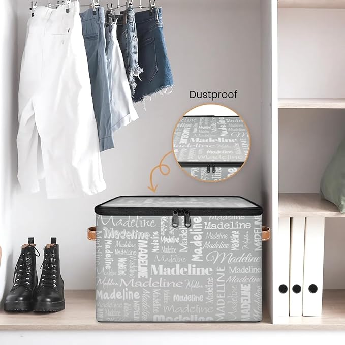 Custom Storage Basket with Name, Personalized Storage Bins with Zipper Lid, Foldable Fabric Storage Box Large capacity with Handle Grey