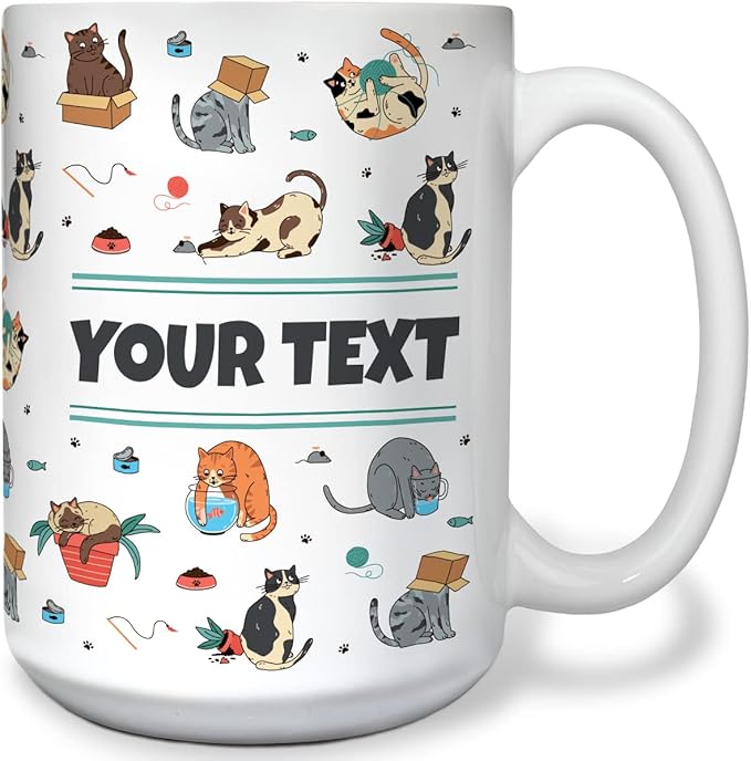 Personalized Mug for Kids - Cats - Custom Name/Text, Ceramic Hot Chocolate/Cocoa/Coffee Cup for Boys/Girls, Birthday/Christmas/Holiday Gift - 15 oz, White Handle