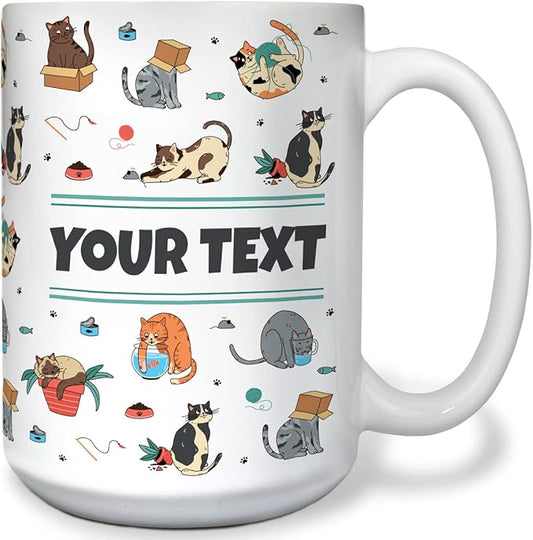 Personalized Mug for Kids - Cats - Custom Name/Text, Ceramic Hot Chocolate/Cocoa/Coffee Cup for Boys/Girls, Birthday/Christmas/Holiday Gift - 15 oz, White Handle