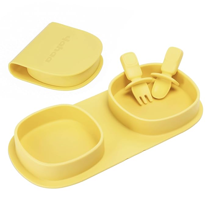 Silicone Foldable Novelty Dinner Plates,Baby Plates Travel Essential with Forks and Spoons,Microwave & Dishwasher Safe,Lemon