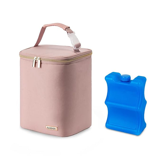 Breast Milk Cooler Bag with Ice Pack Fits 4 Baby Bottles Up to 9 Ounce, Baby Bottle Bag for Nursing Mom Daycare, Pink