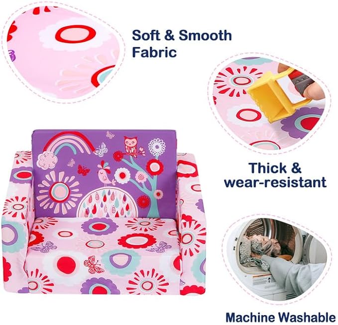 MallBest Kids Sofas Children's Sofa Bed Baby's Upholstered Couch Sleepover Chair Flipout Open Recliner(Pink/Flowers)