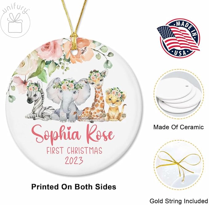 Unifury Personalized Baby First Christmas Ornament 2024, Keepsake for Babies First Christmas Tree, Holiday Decor for Celebrating Ceramic Babys 1st Christmas Ornament 2024, Safari Animal Floral