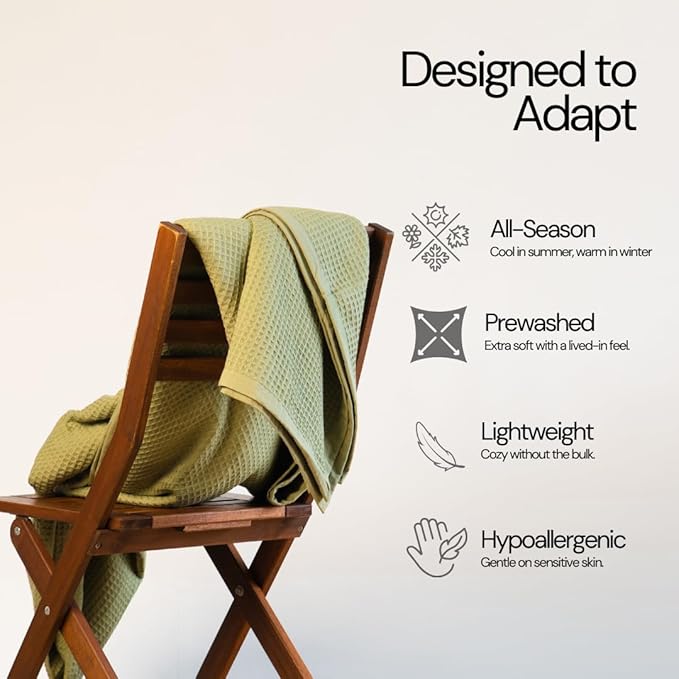 Salt Earth GOTS Certified 100% Organic Cotton Throw Blanket, 108"X90" Blankets & Throws for Bed, Throw Blanket for Couch,Modern & Cozy Blanket, All Seasons, Waffle Blanket, Soft Blanket (Mosstone)