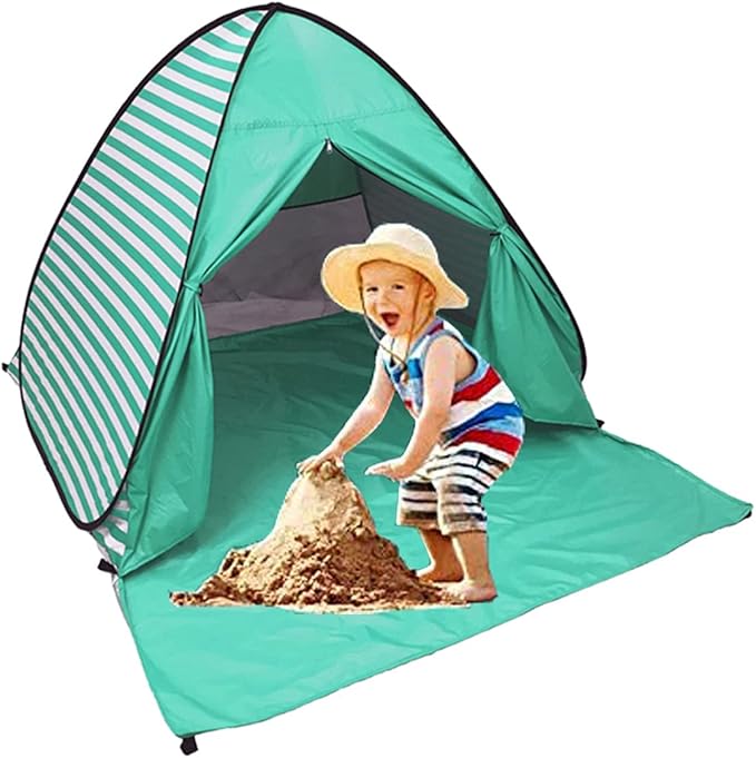 Pop Up Beach Tent Shade Sun Shelter UPF 50+ Canopy Cabana 2-3 Person for Adults Baby Kids Outdoor Activities Camping Fishing Hiking Picnic Touring (Lake Green Stripes)