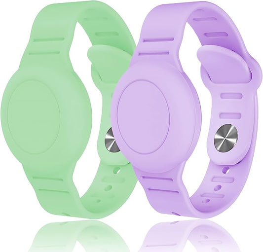Kids Waterproof Airtag Bracelet Compatible with Apple AirTag, Hidden Silicon Protective Case for Air Tag GPS Tracker Holder, Adjustable Anti-Lost Watch Band for Toddler Child (Green & Purple)