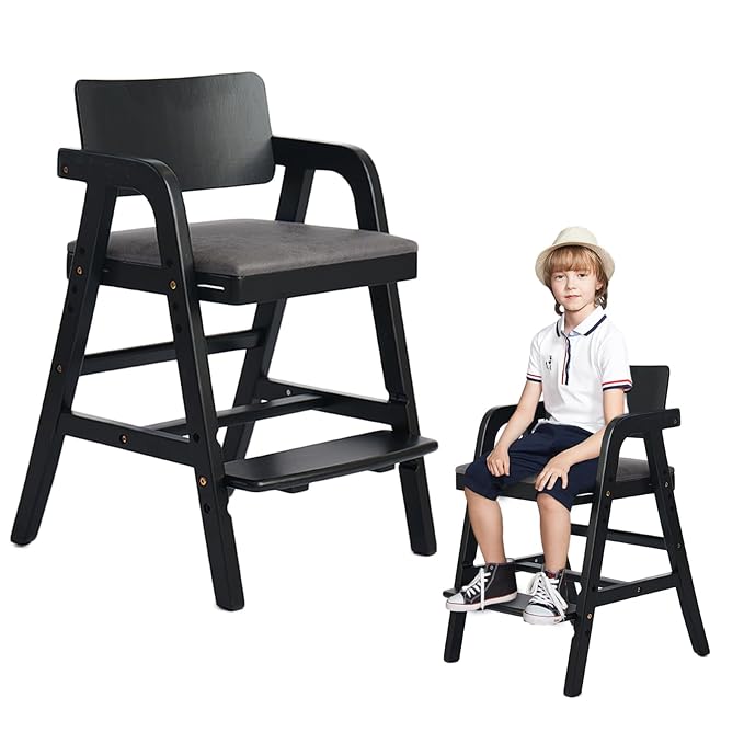Solid Wood high Chairs for Toddlers,High Chair Grows with Kid for Dining, Study Chair for Children, Black